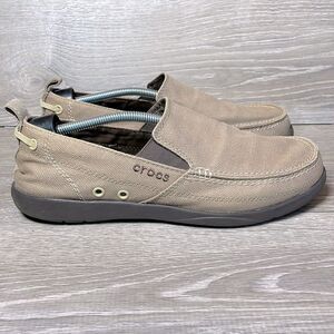 Crocs Wallu Mens Size 12 Khaki Espresso 11270 Canvas Slip On Comfort Loafers
